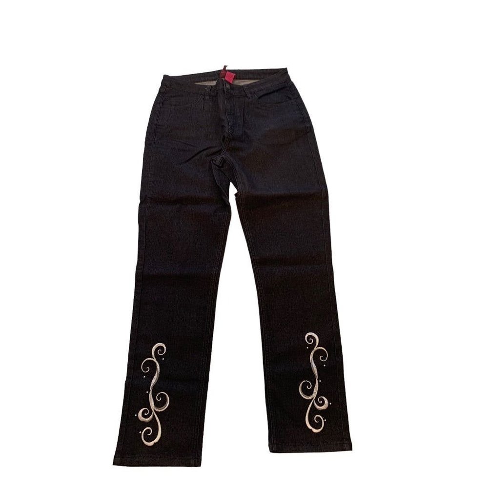 12 Antthony Original New Black Stretch Denim Jeans Embroidered Details
